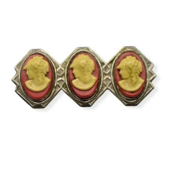 Celluloid Triple Molded Cameo Silver Tone Vintage Brooch C Clasp - Picture 1 of 5